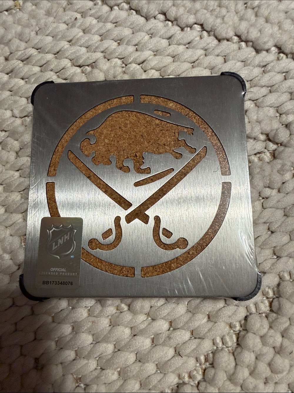 New, unopened: Official Buffalo Sabres NHL Metal Coaster Set - Silver & Cork